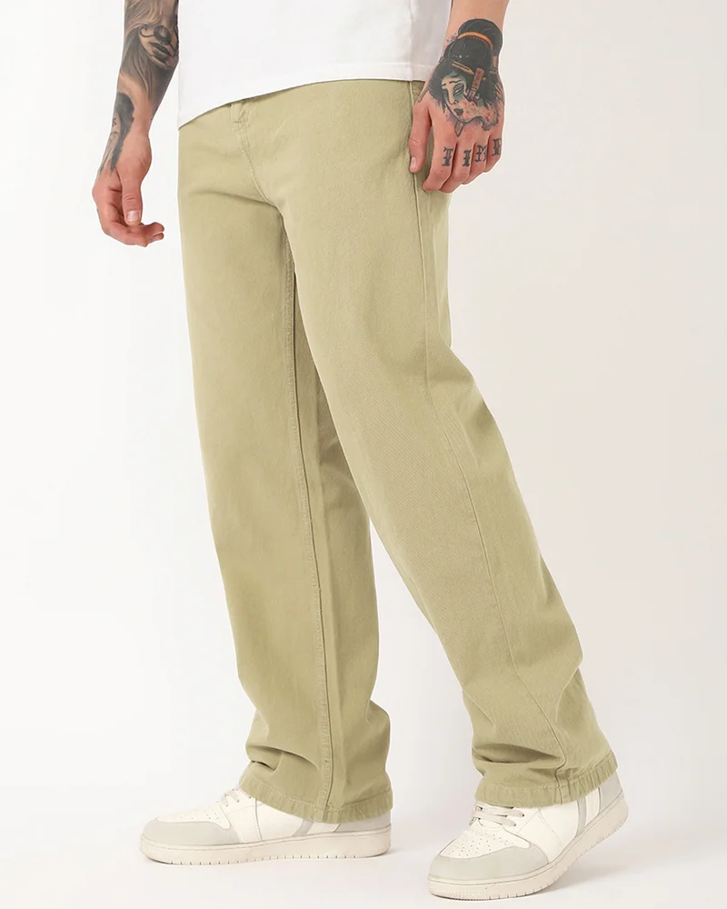 بيواكوف Men's Beige Baggy Fit Mid-Rise Jeans